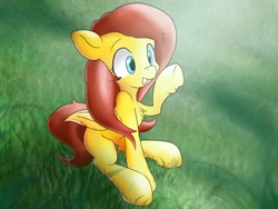 Size: 3027x2272 | Tagged: safe, artist:ando, fluttershy, pegasus, pony, cheek fluff, chest fluff, colored pupils, crepuscular rays, cute, field, grass, raised hoof, shyabetes, sitting, smiling, solo, sunlight, underhoof