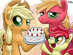 Size: 1024x768 | Tagged: safe, artist:gamijack, apple bloom, applejack, big macintosh, earth pony, pony, birthday cake, cake, cute, food, happy birthday, male, open mouth, stallion