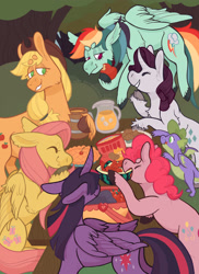 Size: 2400x3300 | Tagged: safe, artist:beyhr, artist:dogthriftstore, derpibooru import, applejack, fluttershy, pinkie pie, rainbow dash, rarity, spike, twilight sparkle, twilight sparkle (alicorn), alicorn, dragon, earth pony, pegasus, pony, unicorn, apple, basket, beanbrows, chips, cider, cloven hooves, eyebrows, food, juice, mane six, muffin, picnic, picnic basket, pie, potato chips, winged spike