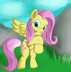 Size: 3425x3500 | Tagged: safe, artist:greenfinger, fluttershy, pegasus, pony, bipedal, crossed hooves, looking away, looking down, solo, spread wings