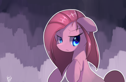 Size: 1280x828 | Tagged: safe, artist:kawaiipony2, pinkie pie, earth pony, pony, colored pupils, floppy ears, frown, gradient background, gray background, pinkamena diane pie, raised hoof, signature, simple background, solo