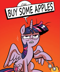 Size: 661x790 | Tagged: safe, artist:brendahickey, derpibooru import, edit, idw, twilight sparkle, twilight sparkle (alicorn), alicorn, pony, spoiler:comic, spoiler:comicff12, buy some apples, female, mare, novelty censor, reaction image