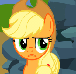 Size: 479x465 | Tagged: safe, applejack, earth pony, pony, spike at your service, animated, caption, duality, frown, glare, gritted teeth, meme, no, perfect loop, reaction image, solo, text, yes