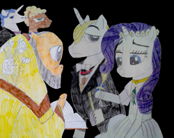 Size: 1081x860 | Tagged: safe, artist:hakdurbin, fancypants, prince blueblood, rarity, pony, unicorn, clothes, dress, female, male, marriage, rariblood, shipping, straight, traditional art, wedding, wedding dress