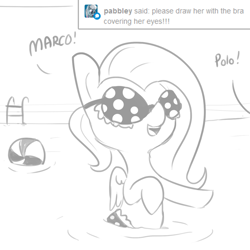 Size: 1080x1080 | Tagged: safe, artist:tjpones, fluttershy, pegasus, pony, ask, beach ball, bikini, bikini top, blindfold, bra on pony, clothes, grayscale, marco polo, monochrome, open mouth, silly, silly pony, sketch, smiling, solo, swimming, swimsuit, tumblr