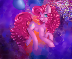 Size: 1500x1230 | Tagged: safe, artist:twillybrownie, pinkie pie, earth pony, pony, balloon, confetti, party, solo