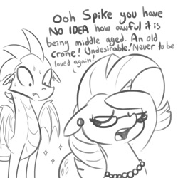 Size: 1500x1500 | Tagged: safe, artist:tjpones, rarity, spike, dragon, pony, unicorn, cougar, dialogue, ear piercing, eyes closed, eyes on the prize, female, floppy ears, glasses, jewelry, lineart, male, mare, marshmelodrama, necklace, nervous, older, older rarity, older spike, open mouth, pearl necklace, piercing, shipping, simple background, sparity, sparkles, spread wings, straight, sweat, text, white background, winged spike, wings, wrong