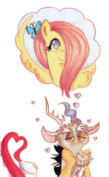 Size: 477x774 | Tagged: safe, artist:praysforaprankster, discord, fluttershy, butterfly, pegasus, pony, cute, discoshy, discute, heart, lidded eyes, male, shipping, shyabetes, simple background, straight, thought bubble, white background