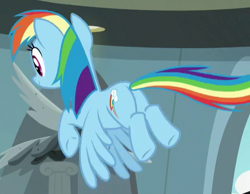 Size: 449x349 | Tagged: safe, derpibooru import, screencap, rainbow dash, pegasus, pony, daring doubt, butt, cropped, flying, plot, solo