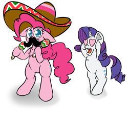 Size: 1800x1700 | Tagged: safe, artist:yakoshi, pinkie pie, rarity, earth pony, pony, unicorn, female, heart eyes, lesbian, maracas, musical instrument, raripie, shipping, simple background, sombrero, white background, wingding eyes