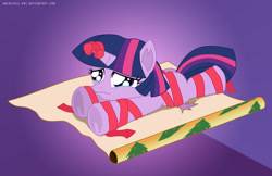 Size: 1236x800 | Tagged: safe, artist:ladyanidraws, derpibooru import, twilight sparkle, crying, fail, filly, filly twilight sparkle, ribbon, tied up, wrapping, wrapping paper, younger