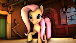 Size: 1024x576 | Tagged: safe, artist:vonklerks, fluttershy, pegasus, pony, 3d, raised hoof, room, shadow, smiling, solo, source filmmaker