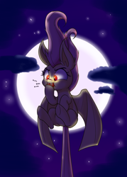 Size: 1250x1750 | Tagged: safe, artist:heir-of-rick, fluttershy, bat pony, pony, apple, eating, fangs, flutterbat, food, full moon, looking at something, moon, night, nom, prehensile tail, race swap, solo, upside down