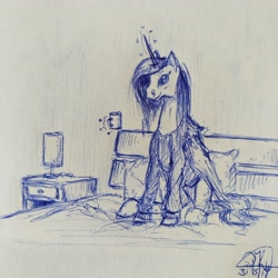 Size: 3328x3328 | Tagged: safe, artist:radiatingcalm, princess celestia, alicorn, pony, bedroom, coffee, monochrome, mug, solo