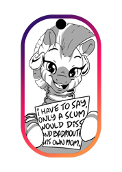 Size: 1024x1441 | Tagged: safe, artist:dilarus, edit, editor:dilarus sucks, zecora, zebra, dog tags, female, hoof hold, looking at you, mare, open mouth, rhyme, transparent background