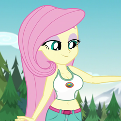 Size: 720x720 | Tagged: safe, edit, edited screencap, editor:ah96, screencap, fluttershy, equestria girls, legend of everfree, bedroom eyes, belly button, belt, big breasts, breast edit, breasts, cleavage, clothes, cropped, eyeshadow, female, hootershy, makeup, midriff, sexy, shorts, solo, tanktop