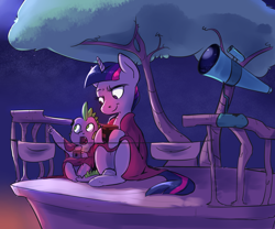 Size: 2700x2250 | Tagged: safe, artist:imsokyo, derpibooru import, spike, twilight sparkle, twilight sparkle (alicorn), alicorn, dragon, pony, balcony, blanket, daily life of spike, female, mama twilight, mare, no pupils, open mouth, stars, telescope