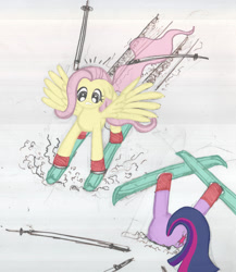 Size: 800x920 | Tagged: safe, artist:mystic2u, derpibooru import, fluttershy, twilight sparkle, pegasus, pony, crash, plot, skiing, traditional art