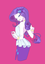 Size: 1100x1571 | Tagged: safe, artist:kkmrarar, rarity, human, equestria girls, bare shoulders, blushing, clothes, female, humanized, kotobukiya, kotobukiya rarity, looking back, side slit, simple background, skirt, sleeveless, smiling, solo