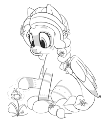 Size: 1280x1476 | Tagged: safe, artist:pabbley, fluttershy, pegasus, pony, alternate hairstyle, bodypaint, braid, braided tail, druid, flower, flutterdruid, grayscale, magic, missing cutie mark, monochrome, simple background, sitting, solo, white background