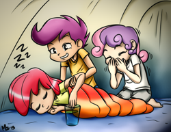 Size: 1280x989 | Tagged: safe, artist:megasweet, artist:trelwin, apple bloom, scootaloo, sweetie belle, human, barefoot, camping, feet, glass, humanized, laughing, prank, sleeping, sleeping bag, tent, warm water prank, water, zzz