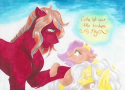 Size: 816x589 | Tagged: safe, artist:frozensoulpony, big macintosh, fluttershy, oc, oc:gingersnap, earth pony, pegasus, pony, crying, father and child, father and daughter, female, floppy ears, fluttermac, fluttermom, grey hair, hug, male, mare, mother and child, mother and daughter, offspring, older, parent and child, parent:big macintosh, parent:fluttershy, parents:fluttermac, shipping, straight, teary eyes, traditional art