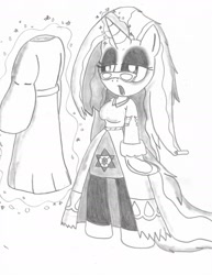 Size: 1700x2200 | Tagged: safe, artist:tenebrousmelancholy, rarity, anthro, clothes, dress, eyeshadow, glasses, glasses rarity, goth, magic, makeup, pentagram, rarity's glasses, solo, telekinesis