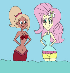 Size: 1333x1393 | Tagged: safe, artist:hunterxcolleen, fluttershy, mermaid, equestria girls, arista (the little mermaid), belly button, clothes, crossover, one-piece swimsuit, swimsuit, the little mermaid, water