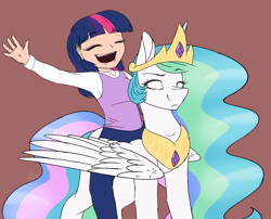 Size: 5526x4470 | Tagged: safe, artist:ggchristian, princess celestia, twilight sparkle, human, absurd resolution, celestia is not amused, humanized, humans riding ponies, riding, simple background, sweater vest, unamused