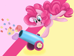 Size: 1024x768 | Tagged: safe, artist:sonicanddisneyland1, pinkie pie, earth pony, pony, confetti, handstand, party cannon, solo, upside down