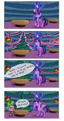 Size: 707x1326 | Tagged: safe, artist:nukilik, derpibooru import, spike, twilight sparkle, twilight sparkle (alicorn), alicorn, dragon, pony, 4koma, comic, female, magic, mare, merry christmas