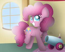 Size: 2501x2011 | Tagged: safe, artist:bubbly-storm, pinkie pie, earth pony, pony, party cannon, signature, smiling, solo