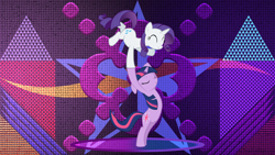 Size: 3840x2160 | Tagged: artist needed, safe, artist:laszlvfx, derpibooru import, edit, rarity, twilight sparkle, unicorn twilight, pony, unicorn, bipedal, dancing, duo, female, hoof hold, mare, wallpaper, wallpaper edit