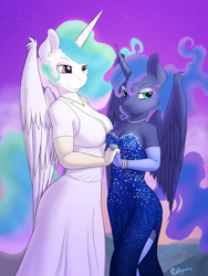 Size: 1800x2400 | Tagged: safe, artist:punk-pegasus, princess celestia, princess luna, alicorn, anthro, alicorns only, breasts, cleavage, clothes, dress, duo, duo female, ear piercing, evening gloves, female, gloves, holding hands, jewelry, long gloves, mare, necklace, piercing, royal sisters, siblings, side slit, sisters