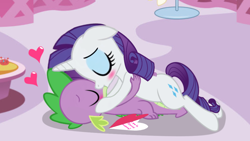 Size: 1136x640 | Tagged: safe, artist:georgegarza01, rarity, spike, dragon, pony, unicorn, female, heart, hearts and hooves day, holiday, kissing, male, shipping, show accurate, sparity, straight, valentine's day, valentine's day card