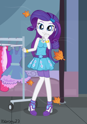 Size: 3100x4400 | Tagged: safe, artist:tabrony23, rarity, better together, equestria girls, street chic, autumn leaves, bracelet, clothes, clothes rack, cold weather, cute, dress, female, geode of shielding, high heels, jewelry, leaf, leaves, looking at you, magical geodes, raribetes, shoes, shorts, smiling, smiling at you, solo, wind, wind blowing, window