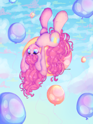 Size: 3000x4000 | Tagged: safe, artist:bunxl, pinkie pie, earth pony, pony, :o, balloon, chest fluff, cloud, floating, on back, open mouth, redraw, signature, sky, solo, then watch her balloons lift her up to the sky