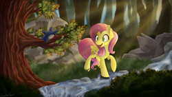 Size: 2560x1440 | Tagged: safe, artist:sentireaeris, fluttershy, bird, pegasus, pony, crepuscular rays, ear fluff, forest, head turn, looking at something, morning ponies, raised hoof, river, scenery, signature, solo, stream, tree