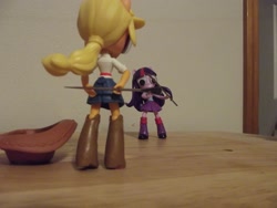 Size: 2000x1500 | Tagged: safe, applejack, twilight sparkle, equestria girls, boots, clothes, denim skirt, doll, equestria girls minis, eqventures of the minis, googly eyes, irl, photo, pleated skirt, shoes, skirt, socks, toy