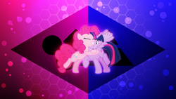 Size: 3840x2160 | Tagged: safe, artist:cloudyglow, artist:game-beatx14, derpibooru import, pinkie pie, twilight sparkle, twilight sparkle (alicorn), alicorn, earth pony, pony, eyes closed, female, hug, mare, spread wings, wallpaper, wings