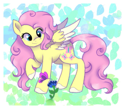 Size: 1221x1066 | Tagged: safe, artist:sweetheart-arts, fluttershy, butterfly, pegasus, pony, colored hooves, colored wings, flower, looking at something, looking down, raised hoof, solo, spread wings