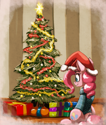 Size: 1185x1393 | Tagged: safe, artist:otakuap, pinkie pie, earth pony, pony, christmas, christmas tree, clothes, decoration, hat, ornament, present, santa hat, sitting, solo, stars, sweater, tree