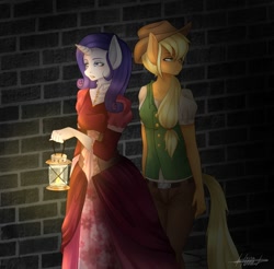 Size: 1067x1050 | Tagged: safe, artist:rainbowhitter, applejack, rarity, anthro, amnesia the dark descent, clothes, crossover, lamp