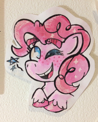 Size: 998x1234 | Tagged: safe, artist:cutenerdybean23, pinkie pie, earth pony, pony, cute, diapinkes, freckles, happy, one eye closed, solo, traditional art, watercolor painting, wink