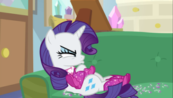 Size: 1665x937 | Tagged: safe, screencap, rarity, pony, unicorn, the end in friend, angry, boots, cute, female, lying down, madorable, mare, narrowed eyes, pouting, raribetes, shoes, sofa, solo