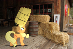 Size: 4752x3168 | Tagged: safe, artist:archonitianicsmasher, artist:hachaosagent, applejack, balancing, barrel, coke, fire extinguisher, food, hay bale, irl, photo, ponies balancing stuff on their nose, ponies in real life, shadow, show off, sign, soda, solo, vector