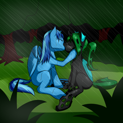 Size: 1500x1500 | Tagged: safe, artist:northernsprint, oc, oc only, changeling, pegasus, pony, female, interspecies, kissing, male, rain, straight