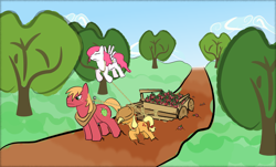 Size: 1520x917 | Tagged: artist needed, safe, applejack, big macintosh, princess celestia, pegasus, pony, fanfic:sunny skies all day long, cart, disguise, fanfic, fanfic art, mud, pegasus celestia, pink mane, race swap, tree