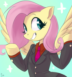 Size: 697x746 | Tagged: dead source, safe, artist:ehfa, fluttershy, pegasus, pony, clothes, female, mare, necktie, smiling, solo, suit