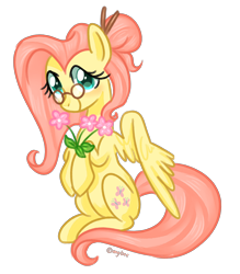 Size: 3500x4000 | Tagged: safe, artist:kaikururu, fluttershy, pegasus, pony, alternate hairstyle, flower, glasses, hair bun, holding, hooves to the chest, looking at you, simple background, sitting, smiling, solo, spread wings, transparent background